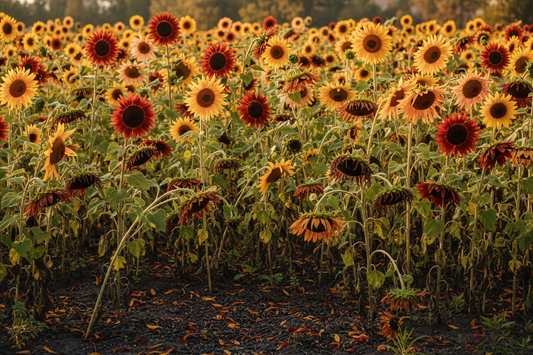 Tall golden sunflowers in full bloom with seed heads forming — do sunflowers come back every year