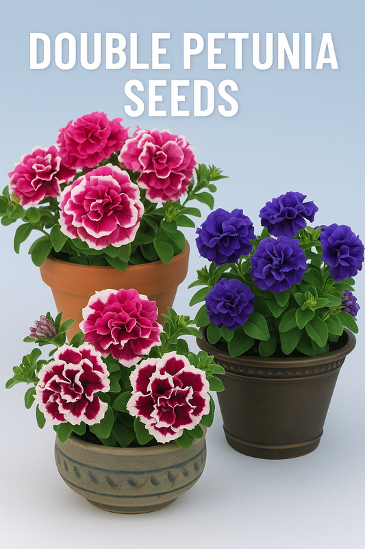 Double petunia flowers in pink, purple, and burgundy with ruffled blooms, grown in containers, representing Double Cascade, Madness, and Pirouette varieties