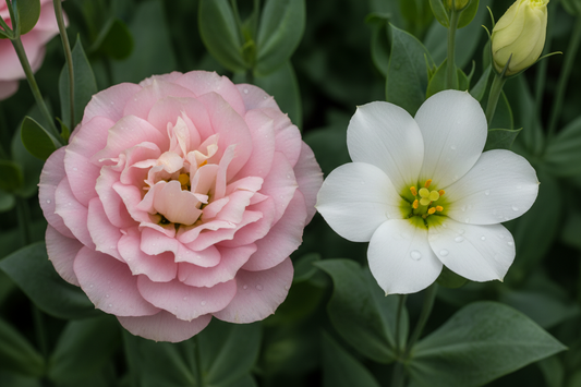 Double and single lisianthus flowers side by side showing the difference in bloom style and petal layers