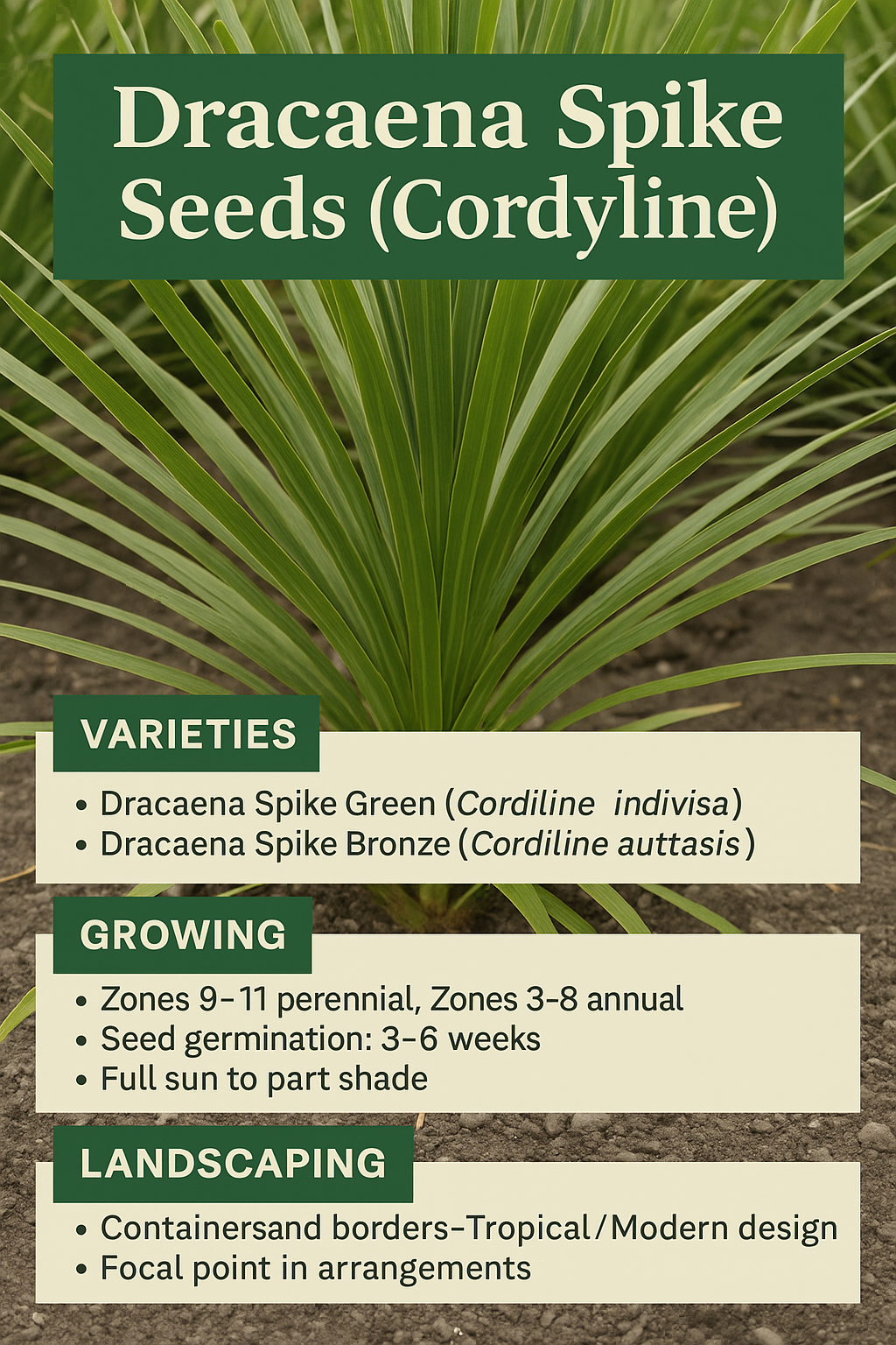 Infographic showing Dracaena Spike Seeds Cordyline varieties, growing tips, and landscaping design uses for container focal points