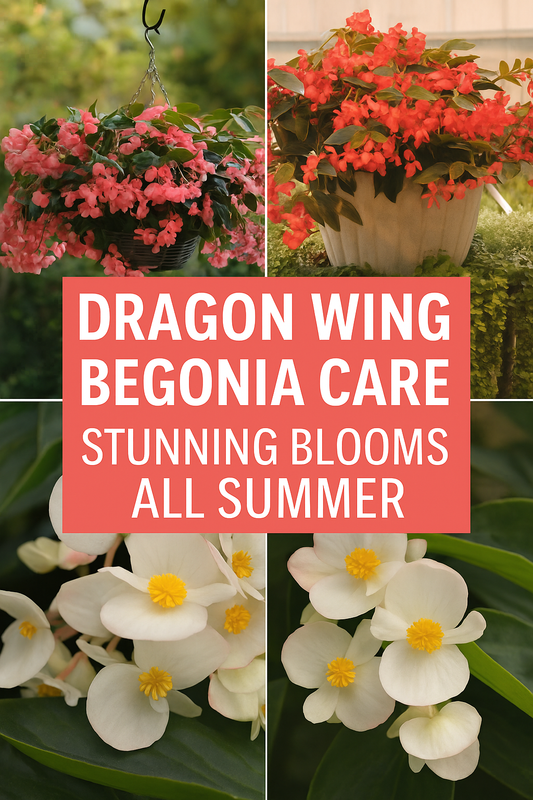 Collage of Dragon Wing Begonias showing pink blooms in a hanging basket, red flowers in a patio container, and close-up white blossoms with yellow centers, highlighting stunning summer color