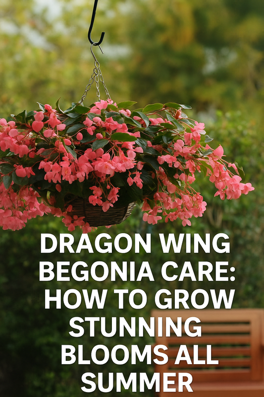 “Dragon Wing Begonia in a hanging basket with vibrant pink blooms and glossy green leaves, thriving in partial shade during summer.”