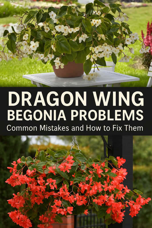Composite image of Dragon Wing Begonias showing white blooms in a patio container and red flowers in a hanging basket, illustrating common mistakes and how to fix them