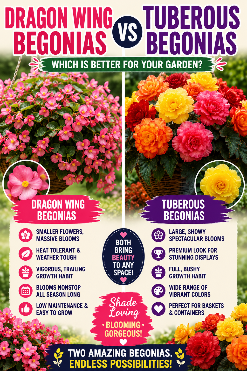 Dragon Wing Begonias and Tuberous Begonias growing in colorful hanging baskets showing differences in flower size, bloom quantity, and shade garden performance.