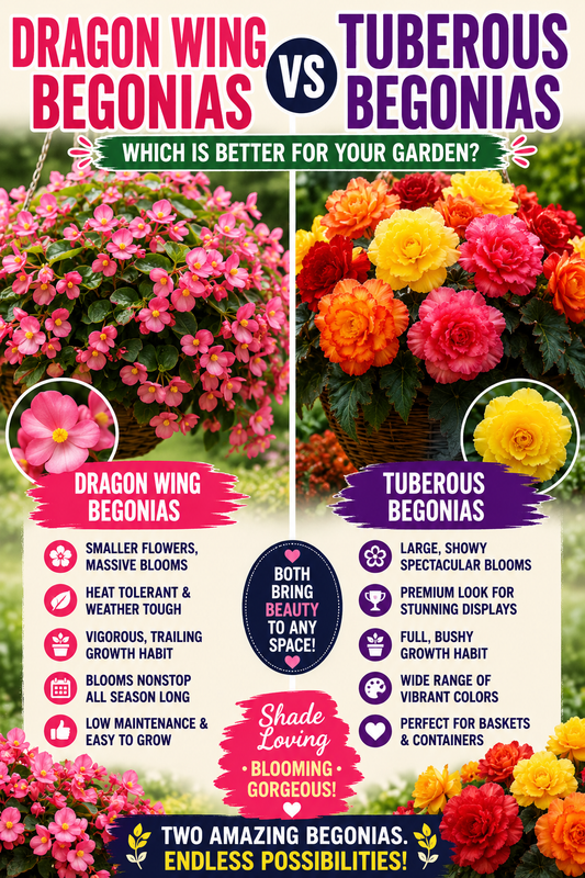 Dragon Wing Begonias and Tuberous Begonias growing in colorful hanging baskets showing differences in flower size, bloom quantity, and shade garden performance.