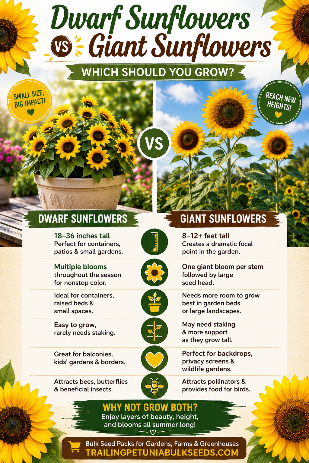 Comparison of dwarf sunflowers and giant sunflowers growing side by side, highlighting plant size, bloom production, pollinator attraction, and the best sunflower type for containers, flower beds, and large gardens.