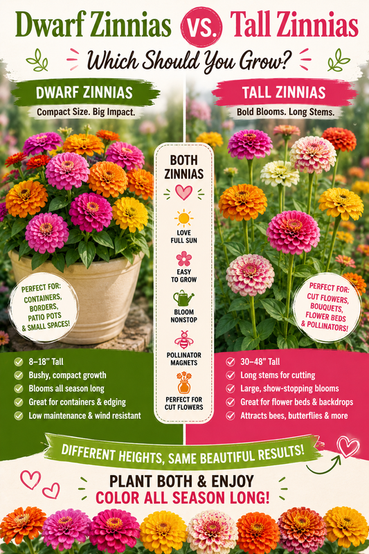 Side-by-side comparison of dwarf zinnias and tall zinnias showing differences in plant height, bloom size, garden use, cut flower quality, pollinator attraction, and the best zinnia type for containers, flower beds, and bouquets.