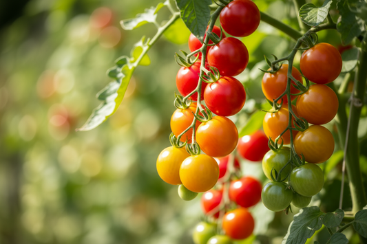 Clusters of ripe red and orange cherry tomatoes growing on the vine in a sunny garden