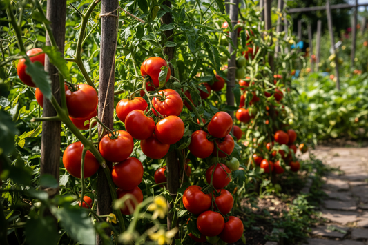 Ripe red slicing tomatoes growing on the vine in a sunny garden
