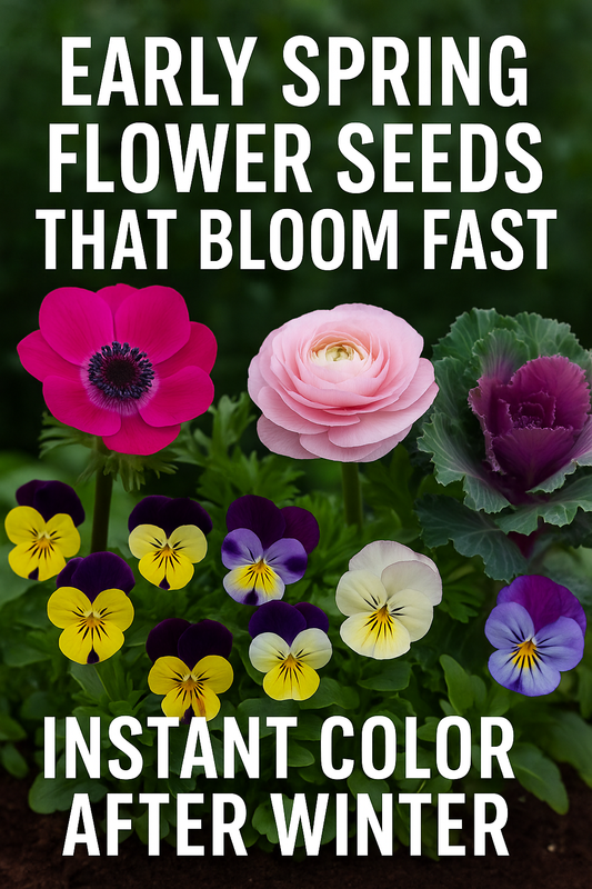 Vibrant early spring flowers — including Pansies, Violas, Anemones, Ranunculus, and Flowering Kale — blooming quickly after winter for instant garden color.