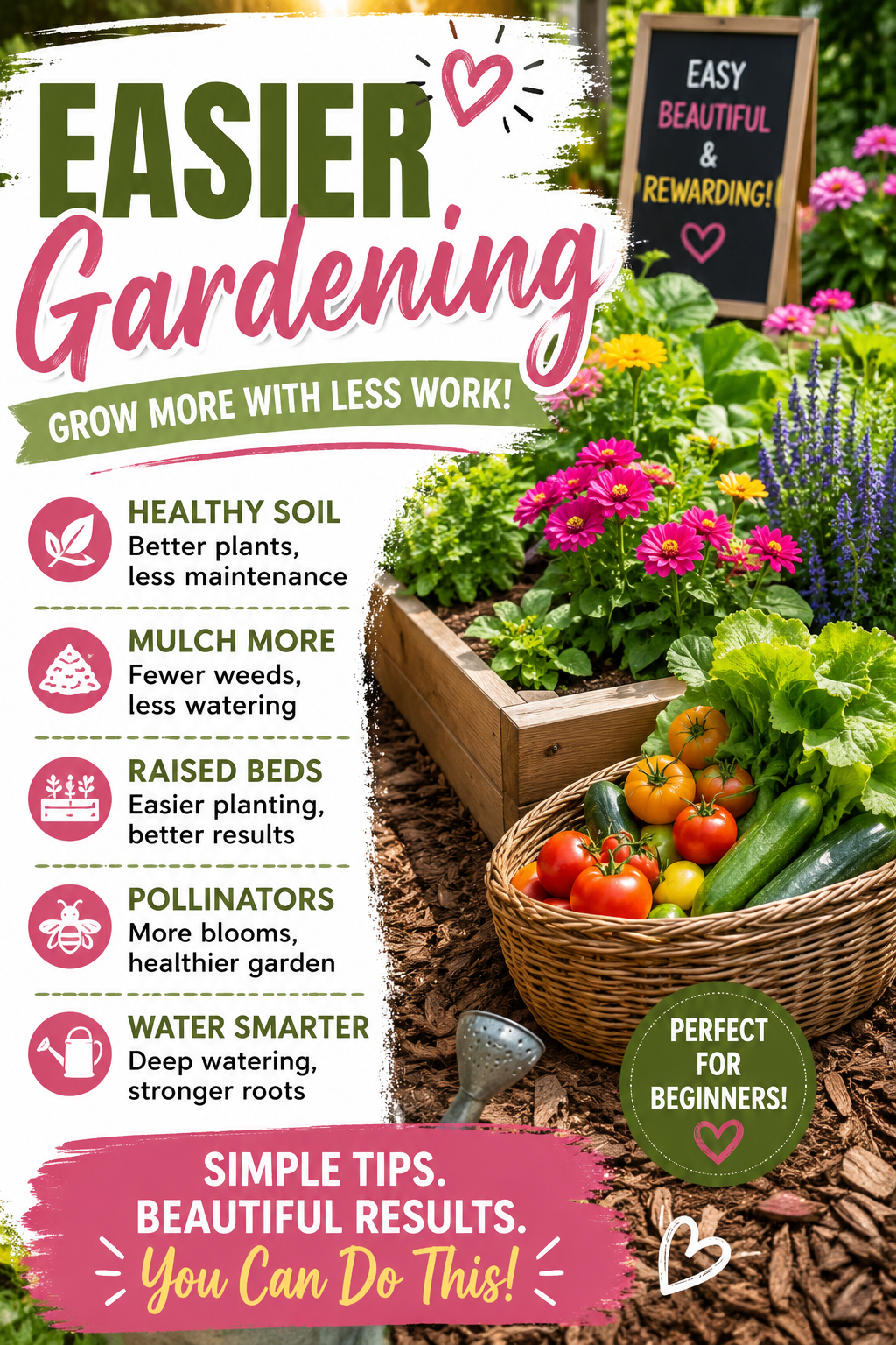 Easy raised bed gardening ideas with colorful flowers, fresh vegetables, mulch, and organic gardening tips for beginners creating a low maintenance sustainable garden.