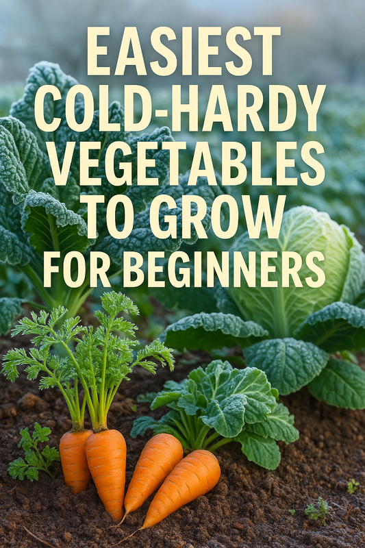 Bright garden scene featuring kale, carrots, beets, broccoli, and cabbage thriving in cool spring weather — the easiest cold-hardy vegetables to grow for beginner gardeners