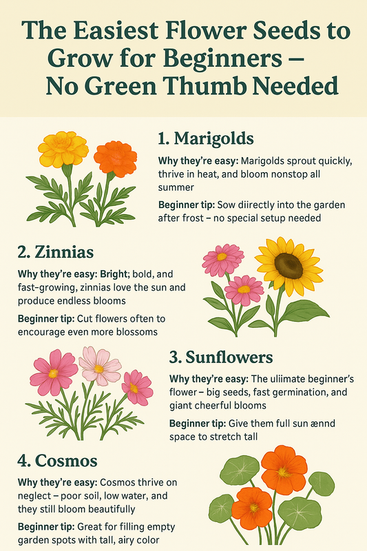 Infographic showing the 5 easiest flower seeds to grow for beginners: marigolds, zinnias, sunflowers, cosmos, and nasturtiums with simple gardening tips