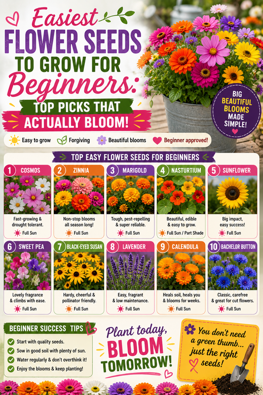 Colorful beginner-friendly flower seed guide featuring easy-to-grow flowers including zinnias, cosmos, marigolds, sunflowers, calendula, and nasturtiums for reliable blooms in home gardens.