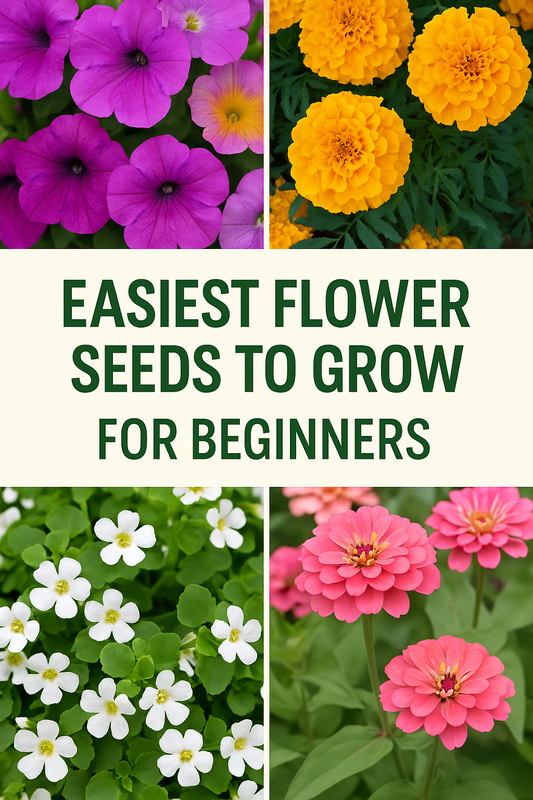 “Bright flowers including petunias, marigolds, bacopa, and zinnias for beginner gardeners.