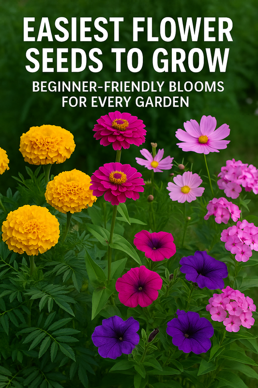 Easiest flower seeds to grow — a colorful mix of marigolds, zinnias, cosmos, petunias, and phlox in full bloom, perfect for beginner gardeners and easy summer color