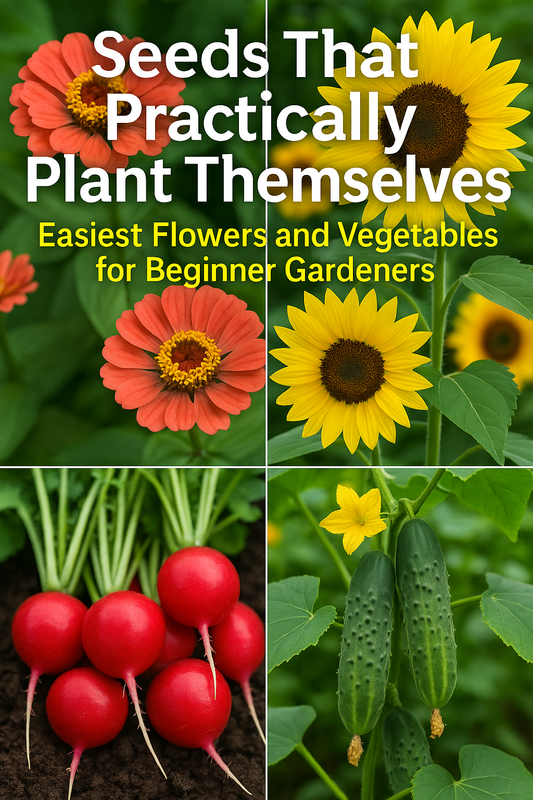 Easiest seeds to grow – collage of sunflowers, zinnias, cucumbers, and radishes, perfect flowers and vegetables for beginner gardeners