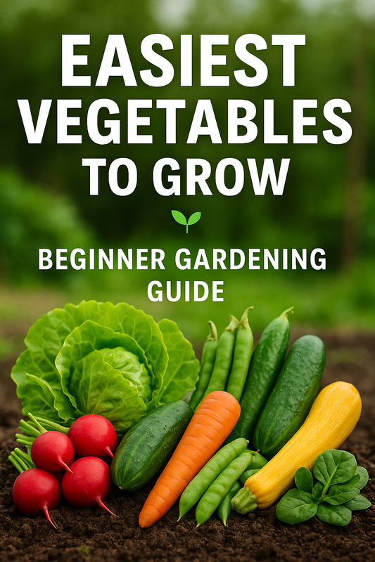 Fresh assortment of beginner-friendly vegetables including radishes, lettuce, cucumbers, carrots, peas, squash, and spinach on garden soil with text overlay reading Easiest Vegetables to Grow Beginner Gardening Guide.