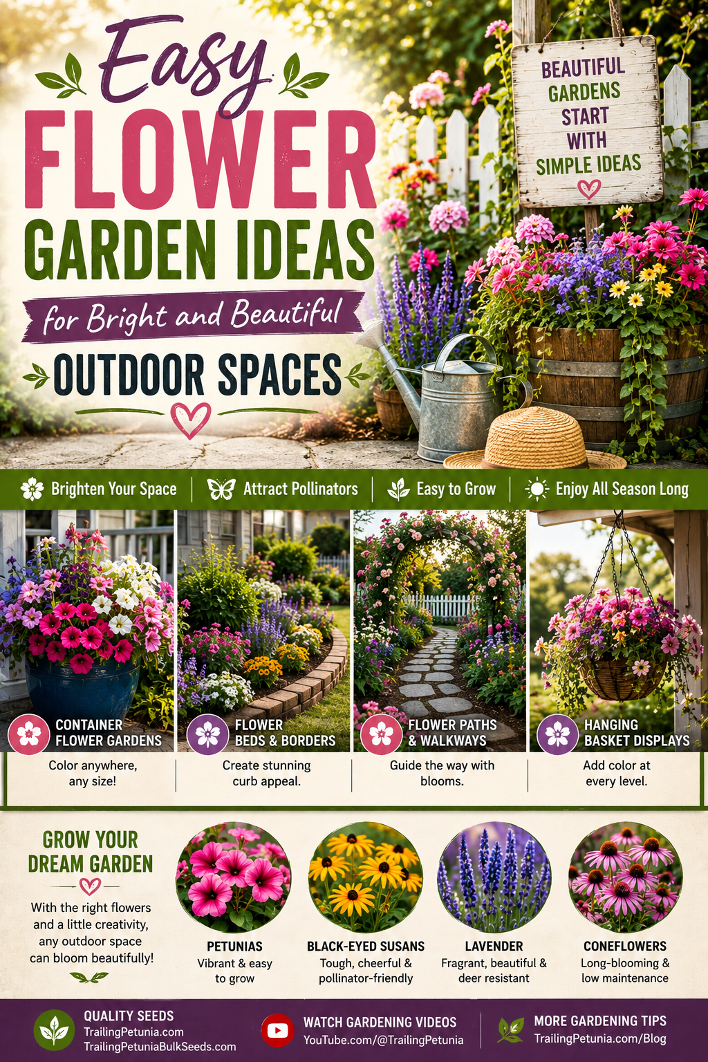 Colorful flower garden featuring container gardens, flower beds, hanging baskets, and bright blooming flowers for easy outdoor landscaping ideas.