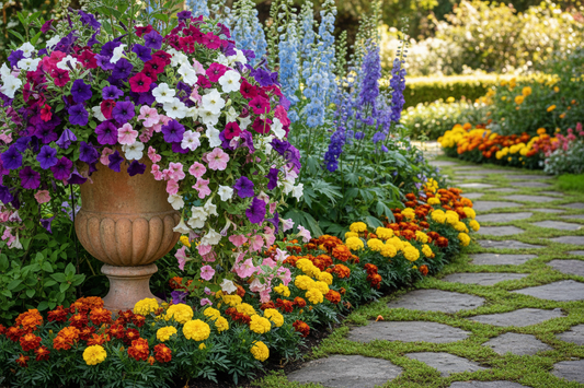Colorful garden with trailing petunias, blue delphinium, French marigolds, and Irish moss ground cover