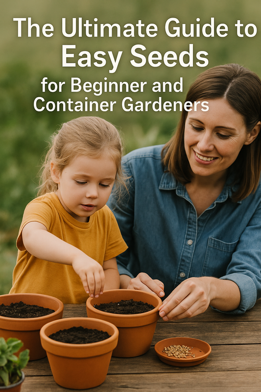 Mother and young child planting seeds into pots on a patio, beginner-friendly container gardening with family