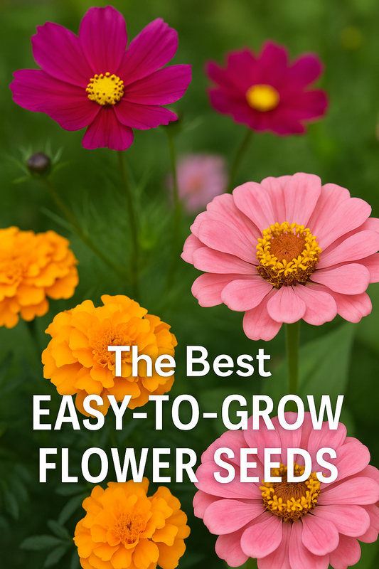 Colorful collage of zinnias, cosmos, marigolds, sunflowers, echinacea, and rudbeckia flowers representing easy-to-grow seeds for quick garden success