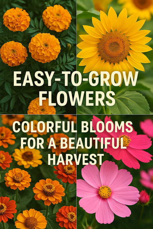 Easy-to-grow flowers from seed including marigolds, zinnias, sunflowers, cosmos, and nasturtiums – beginner-friendly blooms for colorful gardens