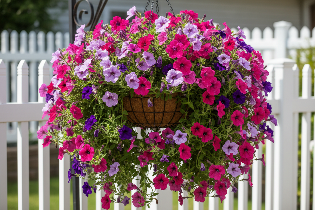 Easy Wave petunia hanging basket overflowing with pink and purple blooms in full sun