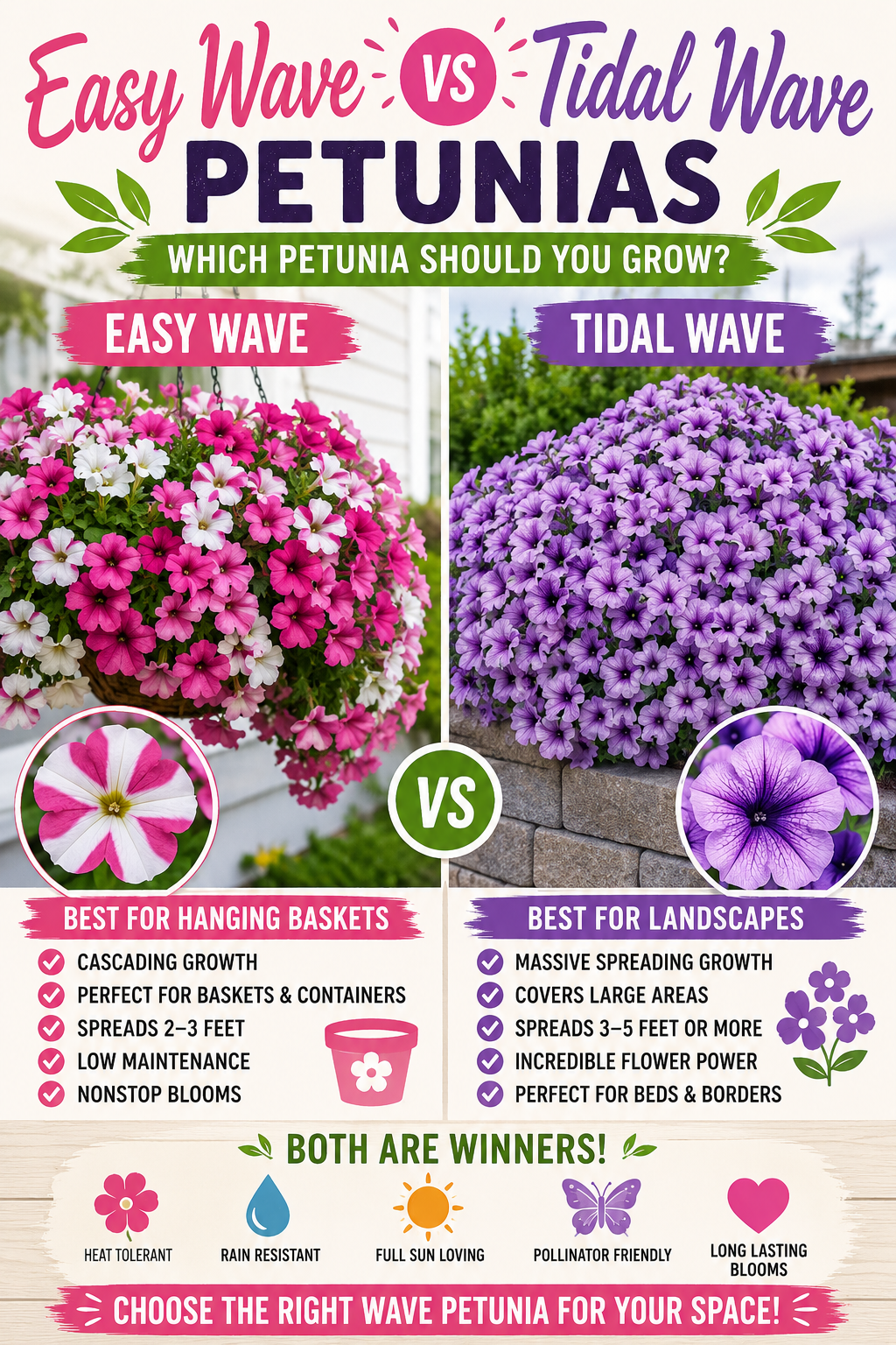 Easy Wave and Tidal Wave petunias compared side by side showing cascading hanging basket growth versus large landscape-spreading growth with colorful blooms.