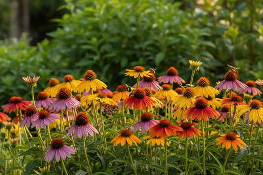 Colorful echinacea coneflowers blooming in a garden including purple, orange, yellow, and red varieties from the Cheyenne Spirit and Artisan series