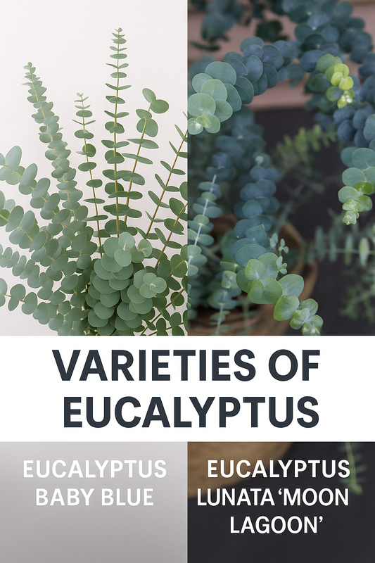Varieties of eucalyptus for cut flowers featuring Baby Blue and Lunata Moon Lagoon – fresh silver-blue foliage ideal for wedding bouquets, garlands, and floral arrangements.