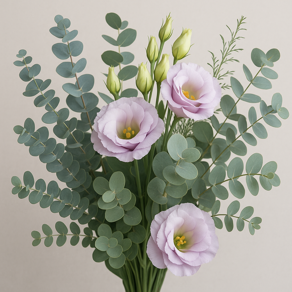 Elegant bouquet of eucalyptus Baby Blue, Silver Drop, and Moon Lagoon paired with soft lavender lisianthus blooms – ideal combination for cut flowers and wedding arrangements