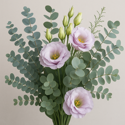 Elegant bouquet of eucalyptus Baby Blue, Silver Drop, and Moon Lagoon paired with soft lavender lisianthus blooms – ideal combination for cut flowers and wedding arrangements