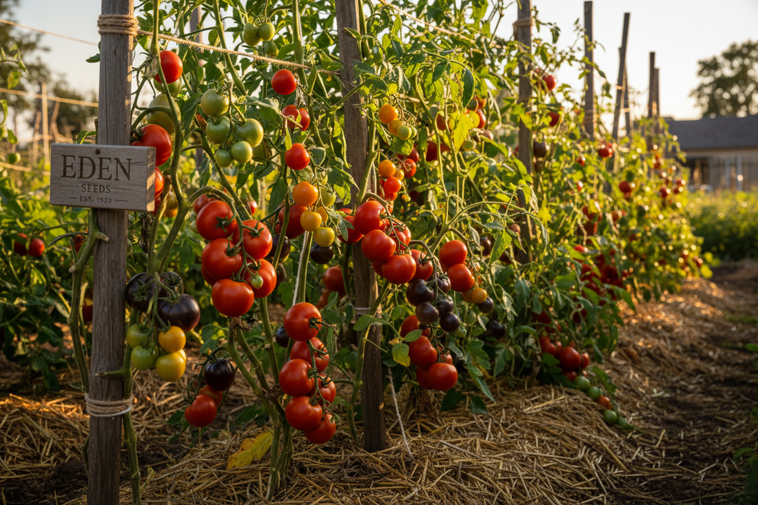 Abundant late-season tomato harvest with ripe red, purple, and golden tomatoes on indeterminate vines at Garden Starts Nursery