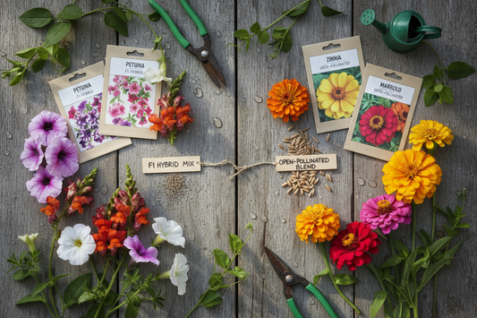 F1 hybrid vs open-pollinated flower seeds — petunias, snapdragons, zinnias and marigolds with seed packets on wood surface