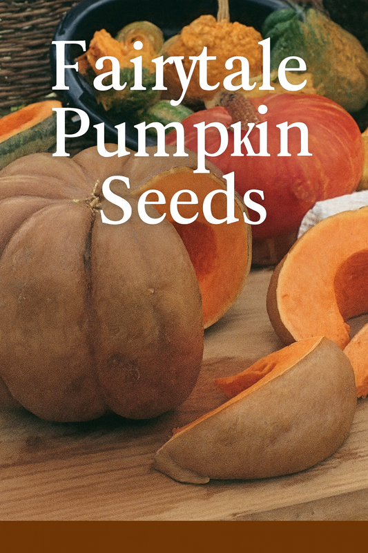 Fairytale pumpkins with tan skin and deep orange flesh, beautifully sliced open on a wooden table — a French heirloom variety grown from Fairytale Pumpkin Seeds, ideal for baking and fall décor