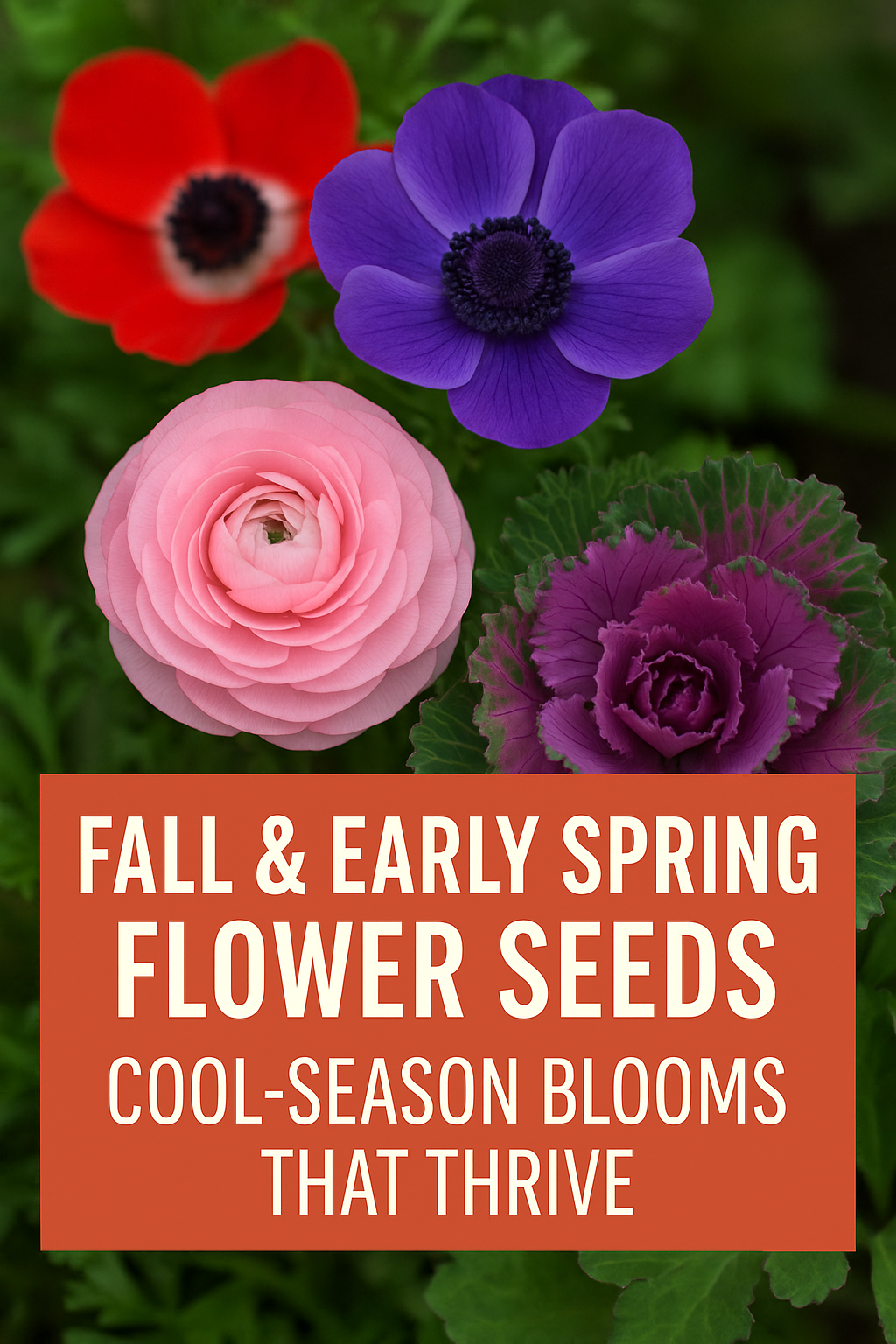 Bright cool-season flowers including Ranunculus, Anemone, and Flowering Kale — perfect fall and early spring blooms that thrive in cooler temperatures.