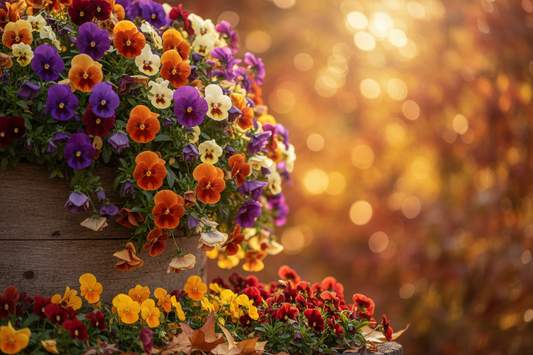 Cascading Cool Wave pansies and viola flowers in fall colors — purple, orange, gold and cream — spilling over a rustic planter in an autumn garden
