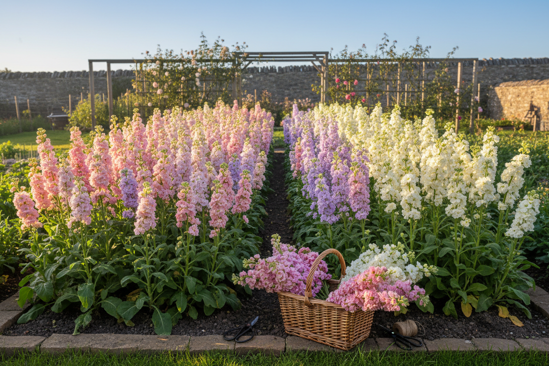 Fall-planted Matthiola stock flowers blooming in early spring cut flower garden