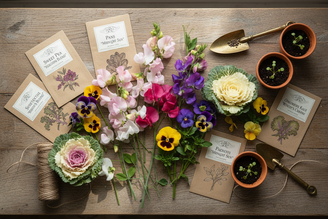 Cool-season flower seeds and seedlings including sweet peas, pansies, violas, and ornamental kale arranged on a rustic wood surface for fall planting