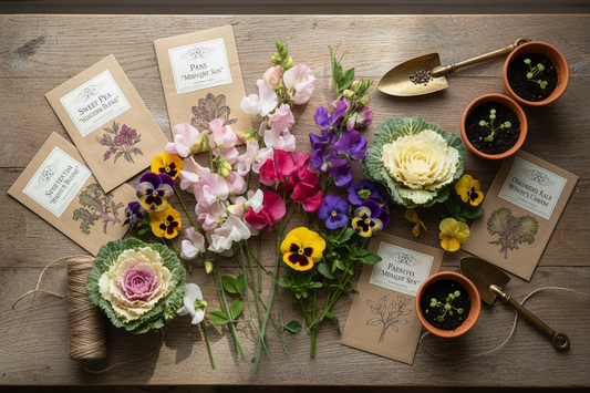 Cool-season flower seeds and seedlings including sweet peas, pansies, violas, and ornamental kale arranged on a rustic wood surface for fall planting