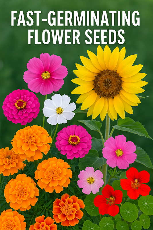 Collage of fast-germinating flower seeds including marigolds, zinnias, sunflowers, cosmos, and nasturtiums – quick-blooming flowers for colorful gardens