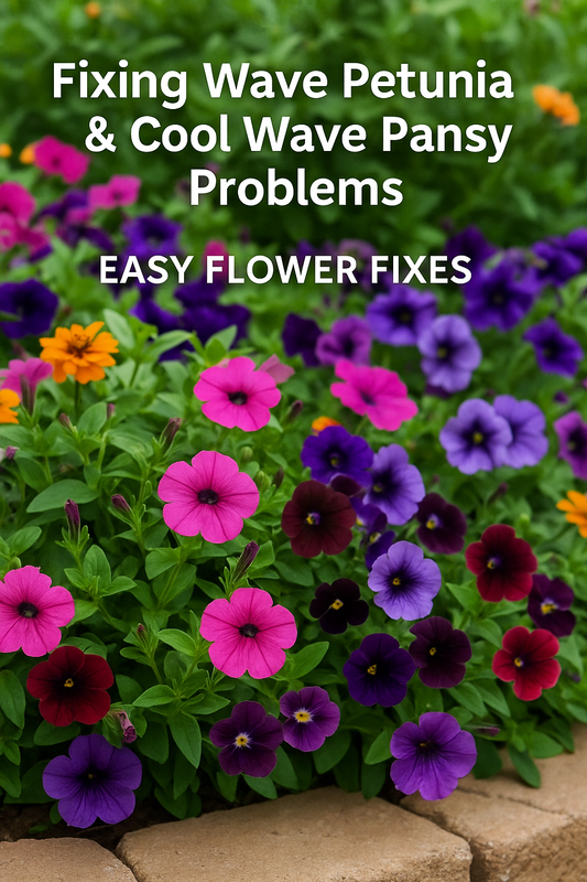 Wave Petunia and Cool Wave Pansy blooms showing how to fix common flower seed growing problems for healthy, colorful plants.
