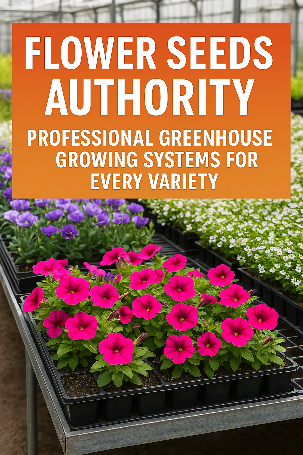 Bright, eye-catching photo featuring Verbena, Lisianthus, Bacopa, and Wave Petunia flowers blooming under greenhouse light with the text “Flower Seeds Authority | Expert Greenhouse Growing Systems.”