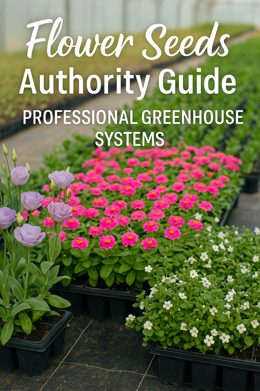 Bright Pinterest-style photo of Lisianthus, Bacopa, and Verbena flowers in greenhouse trays with text “Flower Seeds Authority Guide | Professional Greenhouse Systems