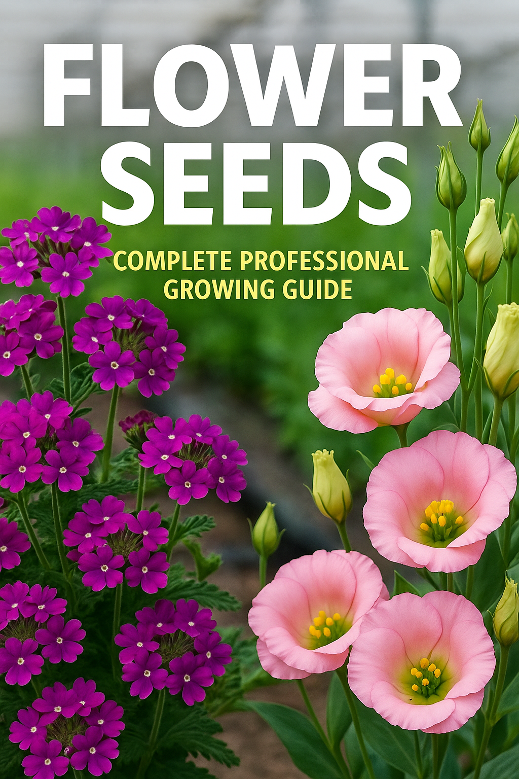 Vibrant close-up of purple Verbena and pink Lisianthus flowers in full bloom with text “Flower Seeds | Complete Professional Growing Guide for Greenhouse Success