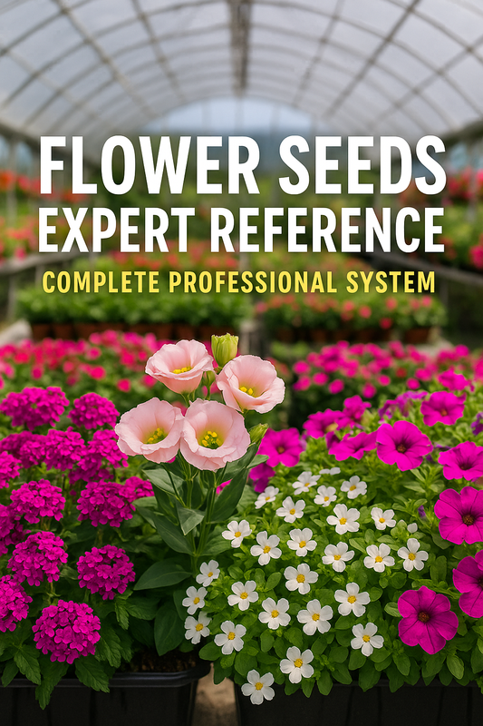 Bright and colorful close-up of Verbena, Lisianthus, Bacopa, and Wave Petunia flowers blooming in a sunny greenhouse with the text “Flower Seeds Expert Reference | Complete Greenhouse Growing System