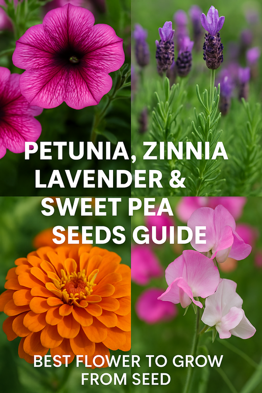 Collage of vibrant petunias, zinnias, Spanish lavender, sweet peas, and ruffled pansies, representing a full-color flower seed guide for summer gardens and seasonal blooms.