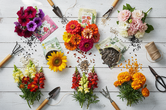 Colorful flower seeds and blooms including petunias, lisianthus, zinnias, sunflowers, and marigolds arranged on a rustic white wood surface