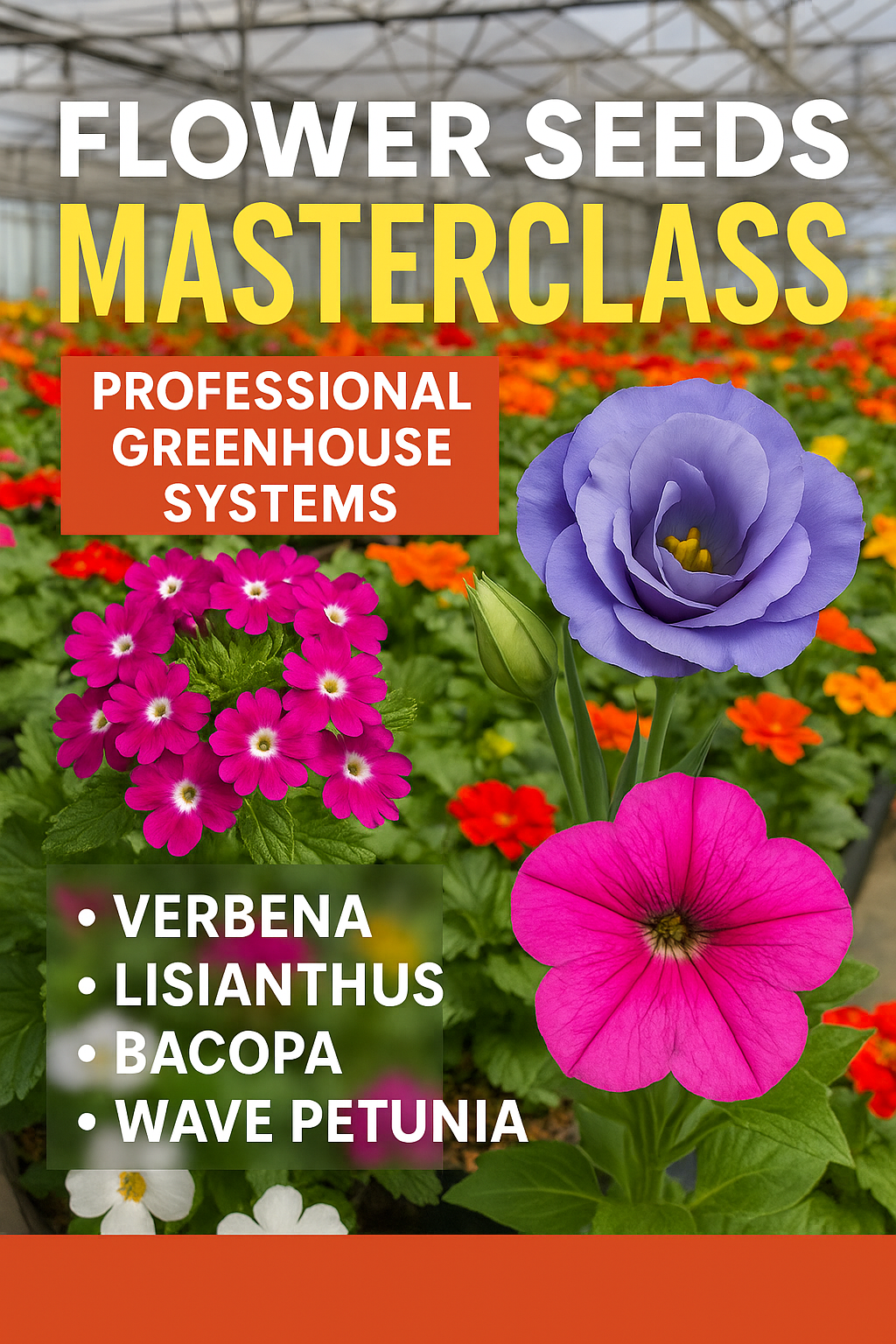 Bright Pinterest-style image featuring Verbena, Lisianthus, Bacopa, and Wave Petunia blooms in a colorful greenhouse with text “Flower Seeds Masterclass | Professional Greenhouse Systems